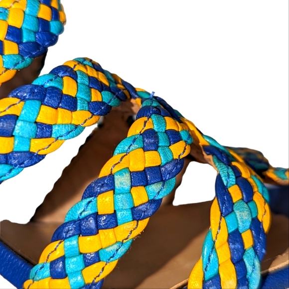 Schutz Caron Olympian Blue HIgh Heel Cork Wedge Platform Multi Color Sandals..10 - Picture 6 of 9